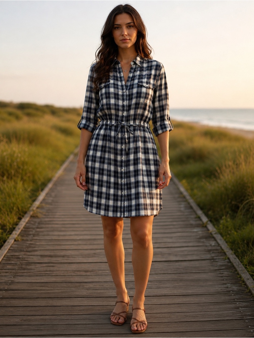 James Perse Plaid Drawstring Cotton Shirt Dress Tunic Mini Dress